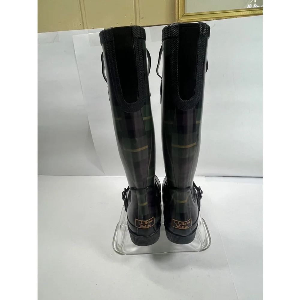 L.L.Bean Women's Green and Purple Plaid Rain Tall Boots Size‎ 7 Wellies Rubber